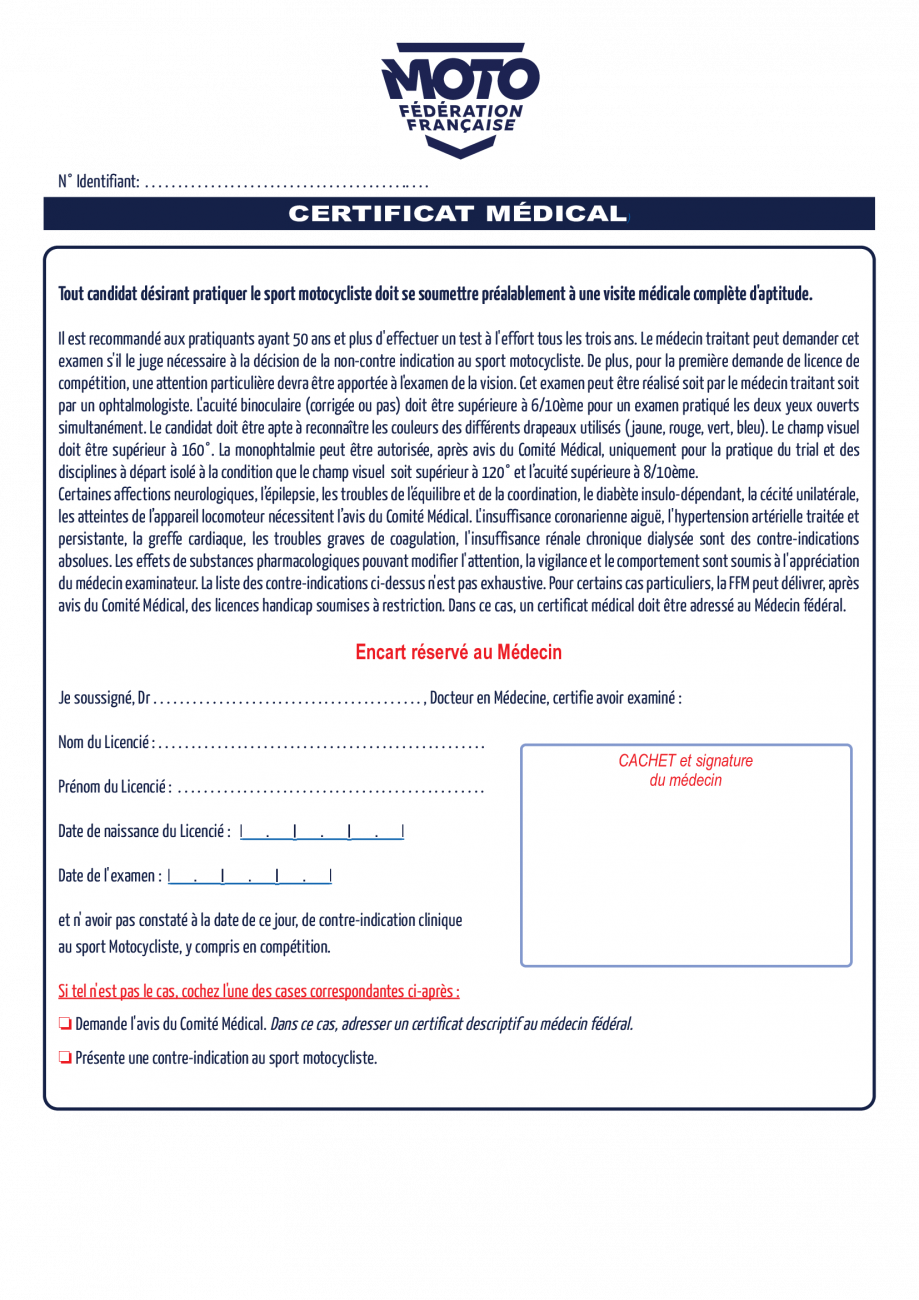 Licence annuelle Certificat medical FFMoto